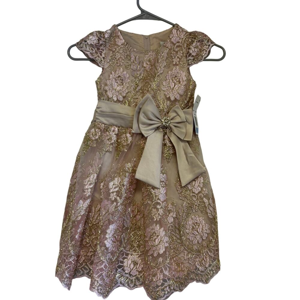 Rare Editions Taupe Pink Lace Bow Dress Size 5 NWT
